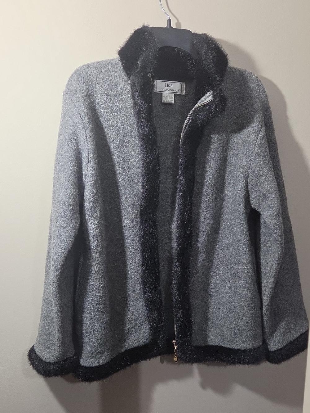 Lisa international Gray Jacket with Black Faux Fur Trim